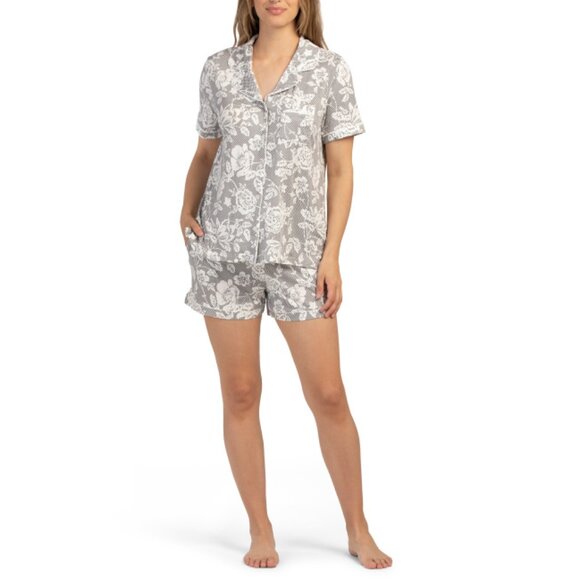 JASMINE ROSE Ivory 2pc Short Sleeve Notch Print Top And Shorts Set - Picture 1 of 2